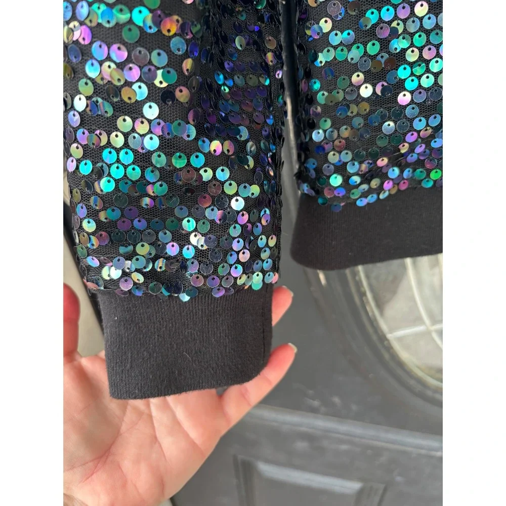 D-Signed Disney‎ Girls Iridescent Sequin Bomber Jacket Hooded Zip Up Black Med M